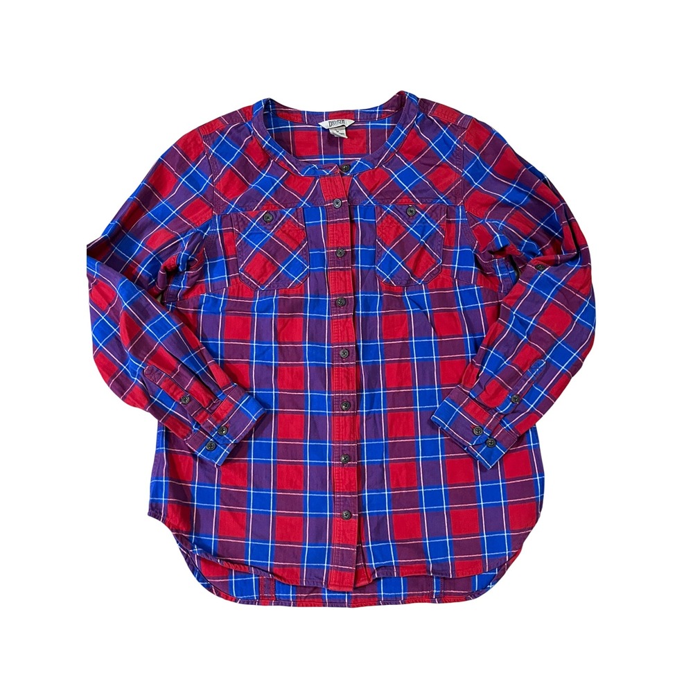 Duluth Trading Co Flannel Plaid Shirt Women M Red Blue Cotton Roll Tab Tunic Top